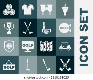 Set Crossed golf club with ball, Golf car, sport, Binoculars, Award cup,  and  icon. Vector