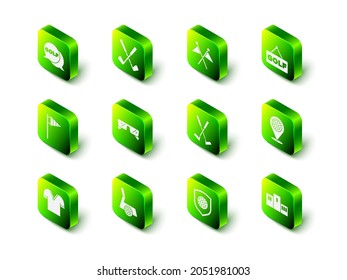 Set Crossed golf club, Golf flag, label, Location sport, Award over sports winner podium, ball with shield and  icon. Vector
