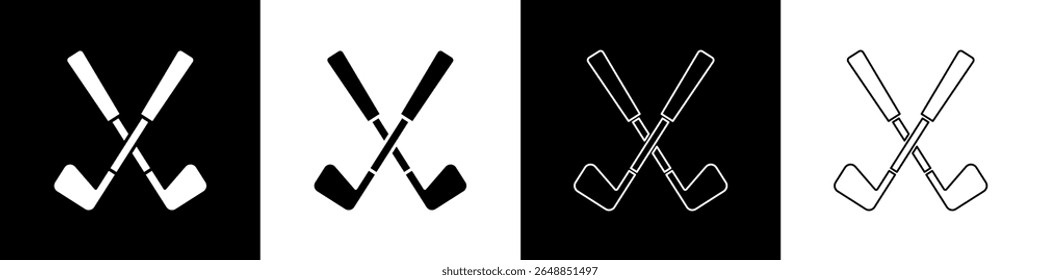 Set Crossed golf club icon isolated on black and white background.  Vector