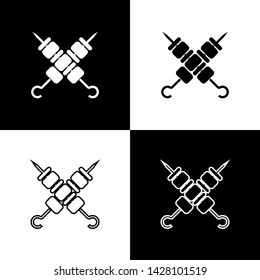 Set Crossed grilled shish kebab on skewers stick icons isolated on black and white background. Meat kebab on skewers stick. Picnic with grill meat. Vector Illustration