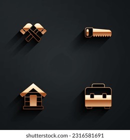 Set Crossed hammer, Hand saw, Dog house and Toolbox icon with long shadow. Vector