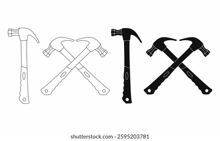 set of crossed hammer icons in outline and solid styles. Perfect for construction, repair, labor, handyman, and industrial-themed designs. Ideal for logos and prints.