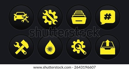 Set Crossed hammer and wrench, Hashtag speech bubble, Dirty water drop, Wrench gear, Drawer with documents, Upload inbox and Car service icon. Vector