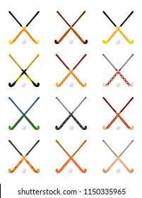 Set of crossed hockey sticks on grass on a white background. Sports equipment for the game. Beautiful sticks. Vector illustration