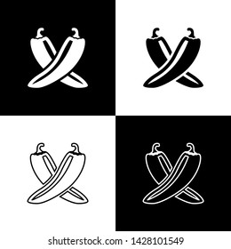 Set Crossed hot chili pepper pod icons isolated on black and white background. Design for grocery, culinary products, seasoning and spice package. Vector Illustration