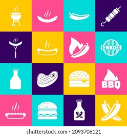 Set Crossed hot chili pepper pod, Barbecue fire flame, grill, Hot, Hotdog sandwich, Sausage on the fork, grilled shish kebab and  icon. Vector