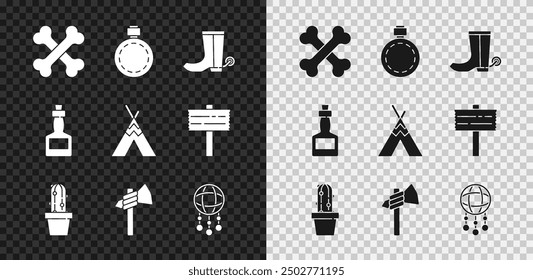 Set Crossed human bones, Canteen water bottle, Cowboy boot, Cactus peyote in pot, Tomahawk axe, Dream catcher with feathers, Tabasco sauce and Indian teepee or wigwam icon. Vector