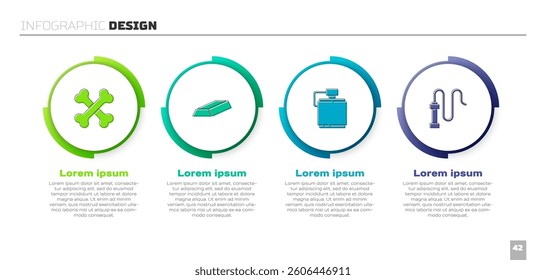 Set Crossed human bones, Gold bars, Canteen water bottle and Leather whip. Business infographic template. Vector