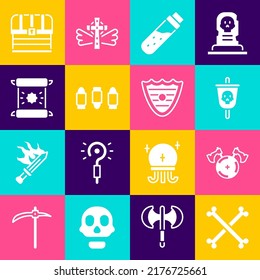 Fijar huesos humanos cruzados, escudo medieval con hacha, bandera pirata, poción de botellas, bala, decreto, pergamino, pergamino, torso y escudo icono. Vector