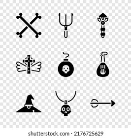 Set Crossed human bones, Neptune Trident, Magic wand, Witch hat, Necklace amulet, Arrow, Christian cross and Bomb ready to explode icon. Vector