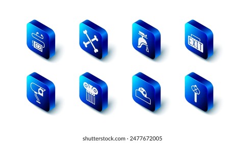 Set Crossed human bones, Roman army helmet, Exit sign, Stone age hammer, Human skull, Ancient column, Security camera and Museum audio guide icon. Vector