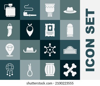 Set Crossed human bones, Saloon door, Bullet, Drum, Cowboy bandana, Tooth, Canteen water bottle and Wanted western poster icon. Vector