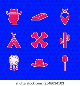 Set Crossed human bones, Western cowboy hat, Shovel, Cactus, Dream catcher with feathers, Indian teepee or wigwam, Cowboy bandana and  icon. Vector