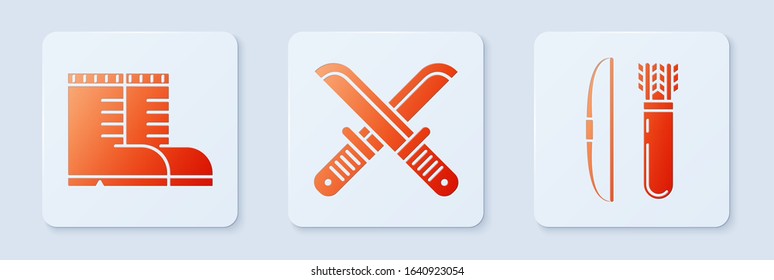 Set Crossed hunter knife, Hunter boots and Bow and arrow in quiver. White square button. Vector