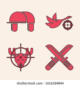 Set Crossed hunter knife, Hunter hat, Hunt on duck with crosshairs and Hunt on moose with crosshairs icon. Vector