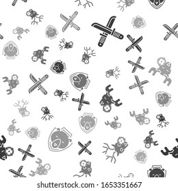 Coloca un cuchillo de caza cruzado, Caza en ciervo con cruces, Caza en alce con cruces y Oso en escudo con un patrón sin fisuras. Vector