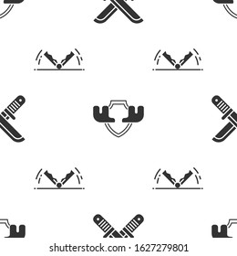 Set Crossed hunter knife, Moose horns on shield and Trap hunting on seamless pattern. Vector