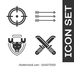 Set Crossed hunter knife, Target sport for shooting competition, Moose head on shield and Hipster arrows icon. Vector