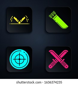 Set Crossed hunter knife, Trap hunting, Target sport for shooting competition and Quiver with arrows. Black square button. Vector