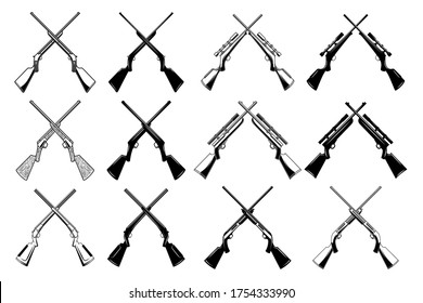 Set of crossed hunting rifles and guns. Design element for logo, label, sign. badge. Vector illustration