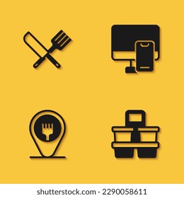 Set Crossed knife and fork, Coffee cup to go, Cafe restaurant location and Online ordering food icon with long shadow. Vector