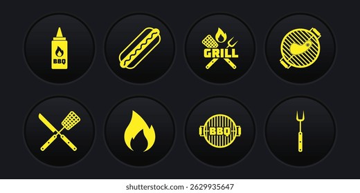 Set Crossed knife and spatula, Barbecue grill with steak, Fire flame, fork, Hotdog sandwich,  and Ketchup bottle icon. Vector