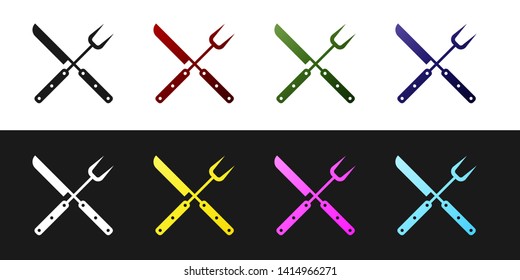 Set Crossed knife and spatula icon isolated on black and white background. BBQ knife and spatula sign. Barbecue and grill tools. Vector Illustration