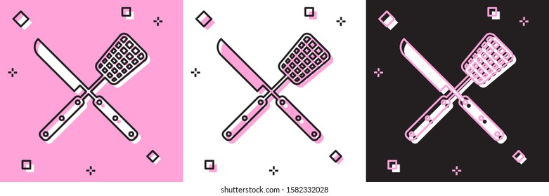 Set Crossed knife and spatula icon isolated on pink and white, black background. BBQ knife and spatula sign. Barbecue and grill tools.  Vector Illustration