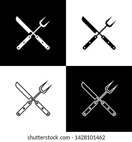Set Crossed knife and spatula icons isolated on black and white background. BBQ knife and spatula sign. Barbecue and grill tools. Vector Illustration