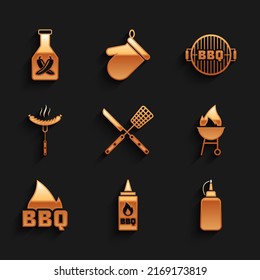 Set Crossed knife and spatula, Ketchup bottle, Mustard, Barbecue grill, fire flame, Sausage on the fork,  and  icon. Vector