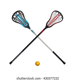 A set of crossed lacrosse sticks and yellow ball isolated on white illustration. Vector EPS 10 available.