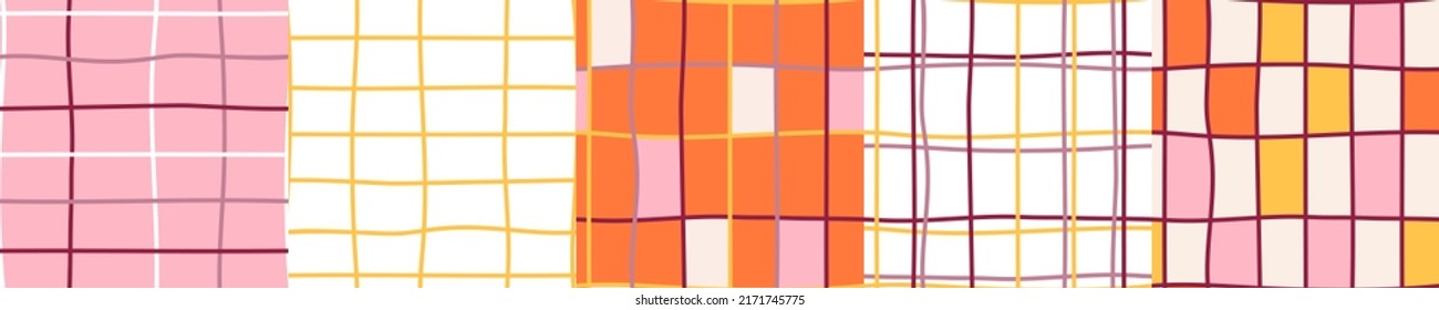 Set of crossed lines grid seamless pattern. Hand drawn plaid endless wallpaper collection. Checkered background. Design for fabric, textile print, wrapping, cover. Vector illustration