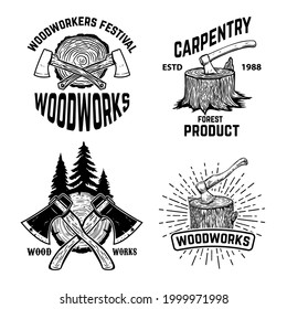 Set of crossed lumberjack axes on wooden stump background. Lumberjack wood works. Design element for logo, label, sign, poster. Vector illustration