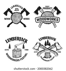 Conjunto de ejes de leñador cruzados sobre fondo de trozo de madera. La madera de leñador funciona. Elemento de diseño para logotipo, etiqueta, signo, afiche. Ilustración del vector