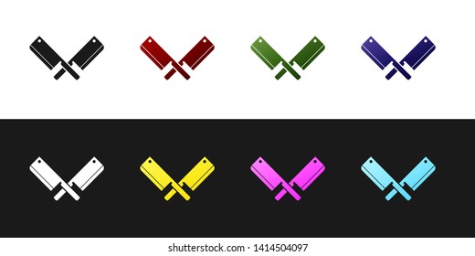Set Crossed meat chopper icon isolated on black and white background. Kitchen knife for meat. Butcher knife. Vector Illustration