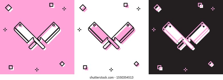 Set Crossed meat chopper icon isolated on pink and white, black background. Kitchen knife for meat. Butcher knife.  Vector Illustration