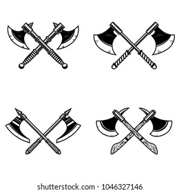 Set of crossed medieval axe isolated on white background. Design element for logo, label, emblem, sign. Vector illustration 