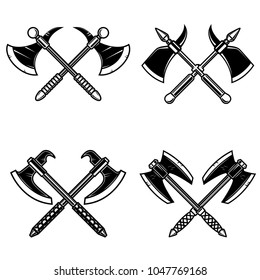 Set of crossed medieval axe isolated on white background. Design element for logo, label, emblem, sign. Vector illustration