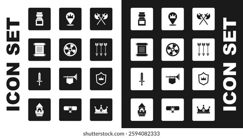 Set Crossed medieval axes, Round wooden shield, Decree, parchment, scroll, Poison in bottle, arrows, Location king crown, Shield with and Medieval sword icon. Vector