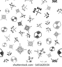 Colocar hachas medievales cruzadas, escudo medieval con espadas cruzadas, escudo y escudo de madera con espadas cruzadas en un patrón sin fisuras. Vector