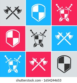 Establecer ejes medievales cruzados, escudo y escudo medieval con icono de espadas cruzadas. Vector