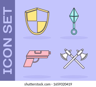 Coloque los ejes medievales cruzados, Escudo, Pistol o pistola y el icono japonés ninja shuriken. Vector