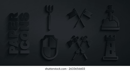 Set Crossed medieval axes, Sword in the stone, Shield, Castle tower, flag and Garden pitchfork icon. Vector