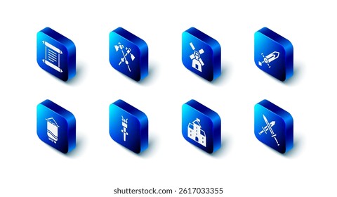 Set Crossed medieval axes, Windmill, Medieval sword, Castle, fortress, Torch flame, flag and Decree, parchment, scroll icon. Vector