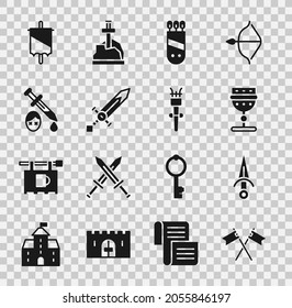 Fijar la bandera medieval cruzada, Dagger, goblet medieval, Quiver con flechas, espada, sangre de espadas e ícono de la llama de la antorcha. Vector