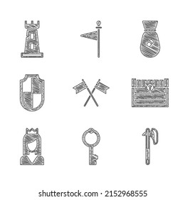 Fijar la bandera medieval cruzada, la llave antigua, el hacha medieval, el cofre del tesoro antiguo, la princesa, el escudo, la bolsa de dinero y el icono de la torre del castillo. Vector