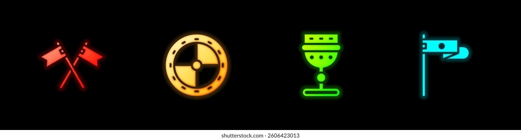 Set Crossed medieval flag, Round wooden shield, Medieval goblet and  icon. Vector