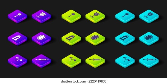 Set Crossed medieval flag, Medieval sword, Princess, Diamond, goblet and chained mace ball icon. Vector