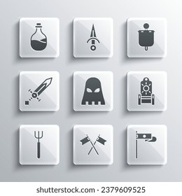 Set Crossed medieval flag, Medieval, throne, Executioner mask, Garden pitchfork, sword, Old bottle of wine and  icon. Vector