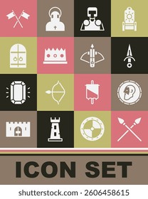 Set Crossed medieval spears, Ancient coin, Dagger, Medieval knight, King crown, castle gate, flag and Battle crossbow with arrow icon. Vector